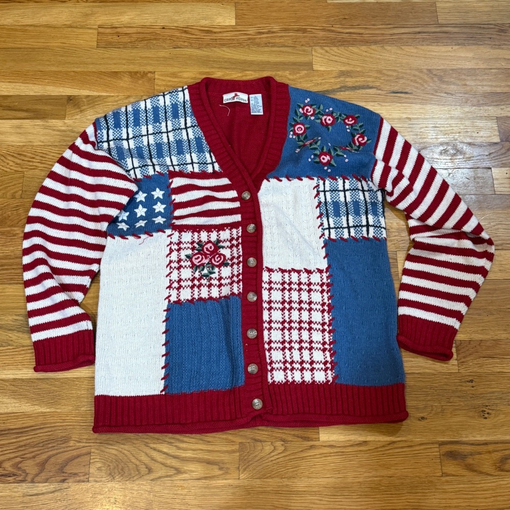 Crazy Horse Vintage Patchwork Cardigan Sweater Red White Blue Americana Floral L - Picture 1 of 7